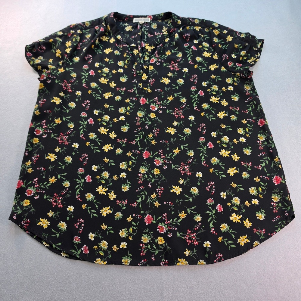 Pleione Black Floral Split Neck Blouse Top Large Short Sleeve Boho Office